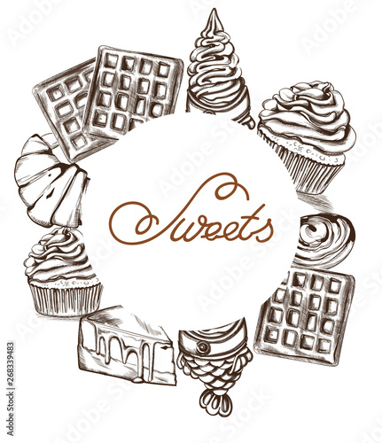 Sweets card Vector line art style. Ice cream, croissant, pancakes illustratio...
