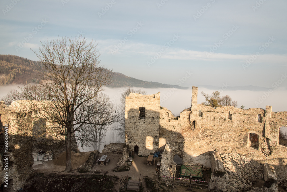 ruins of Povazsky hrad castle in Slovakia with tree snd hill on the background