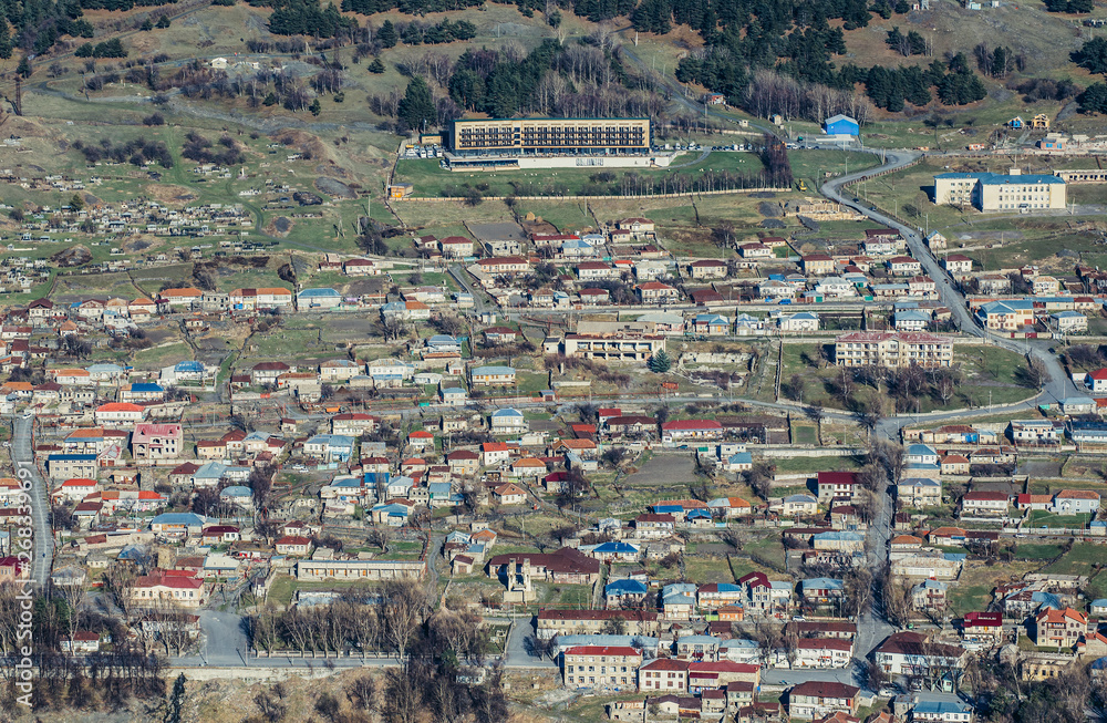 Aerial view on Stepantsminda town also known as Kazbegi in Georgia