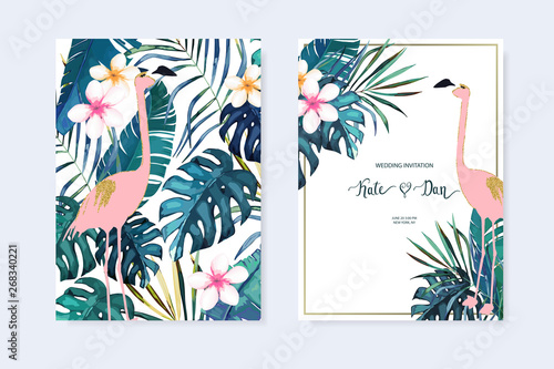 Tropical frame withl jungle leaves and pink flamingo.Vector aloha illustratio...