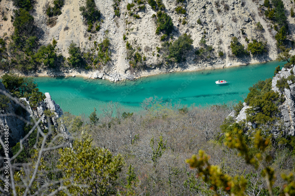 Aerial view kayaks and boats in Verdon Canyon in springtime, Provence. France