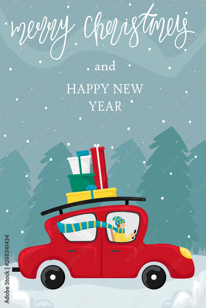 Vector Merry Christmas and Happy New Year greeting card. A man in a red car driven Christmas gifts home. Christmas shopping.