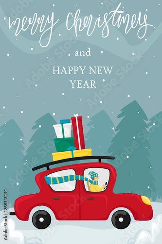 Vector Merry Christmas and Happy New Year greeting card. A man in a red car driven Christmas gifts home. Christmas shopping. © ArTalya