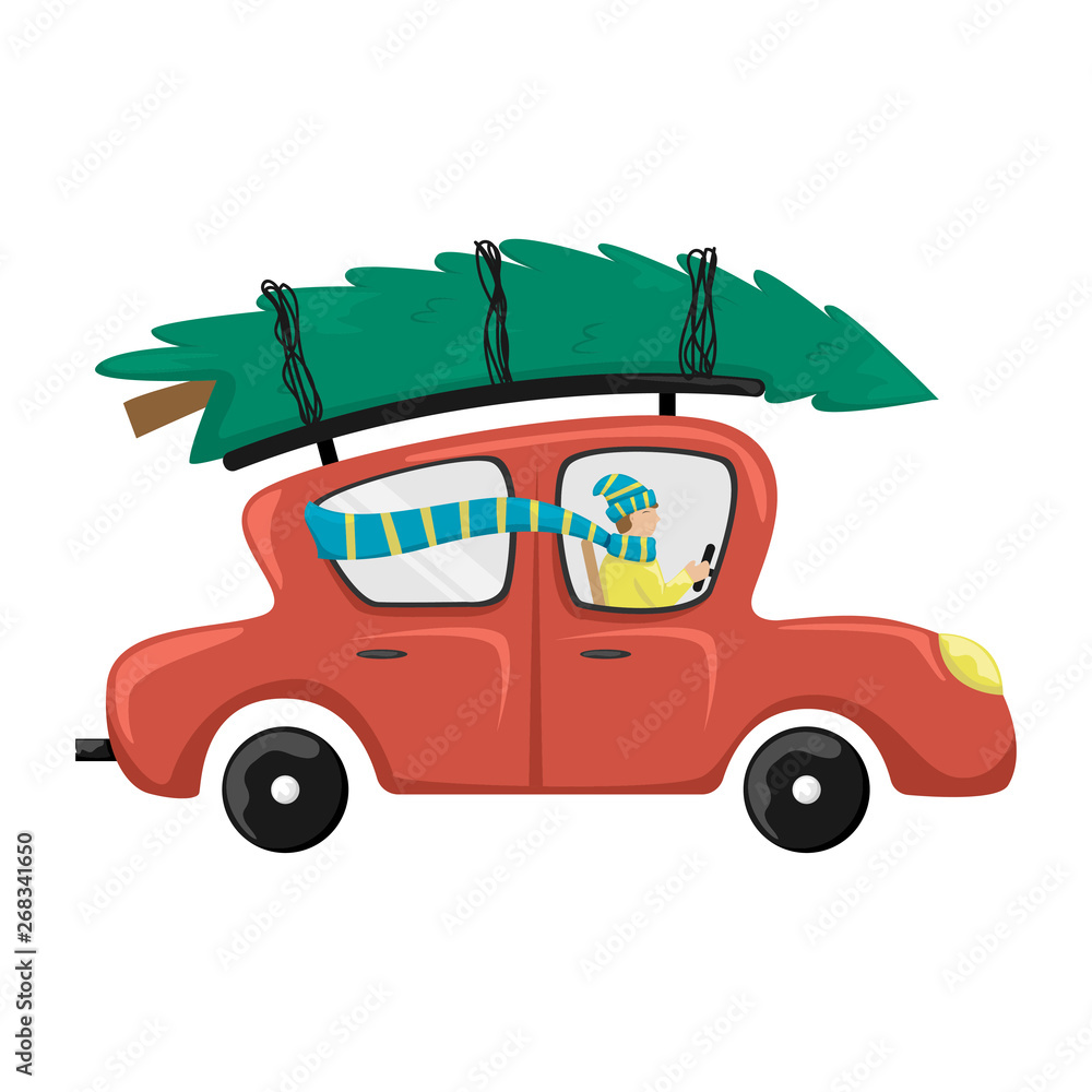 Vector Merry Christmas and Happy New Year greeting card. A man in a red car driven Christmas tree home. Christmas shopping.