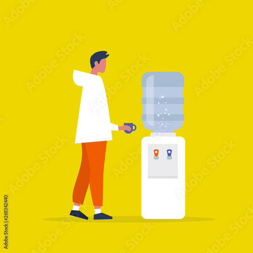 Water cooler. Office. Young male manager holding a cup. Coffee break. Flat vector illustration