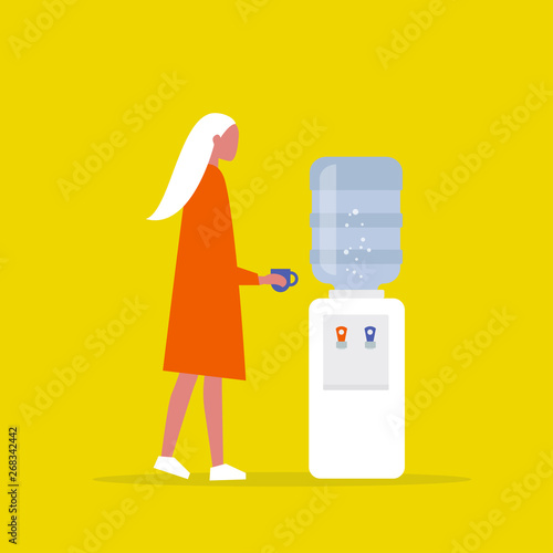Water cooler. Office. Young female manager holding a cup. Coffee break. Flat vector illustration