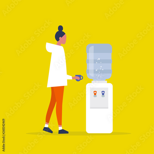Water cooler. Office. Young female manager holding a cup. Coffee break. Flat vector illustration