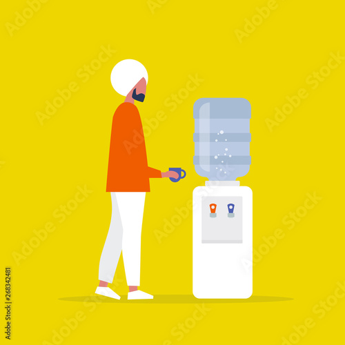 Water cooler. Office. Young indian manager holding a cup. Coffee break. Flat vector illustration