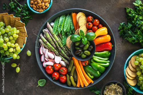 Crudites platter  view from above on party table served with starters