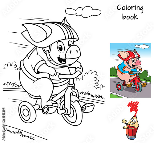Funny little pig rides a bike. Coloring book. Cartoon vector illustration