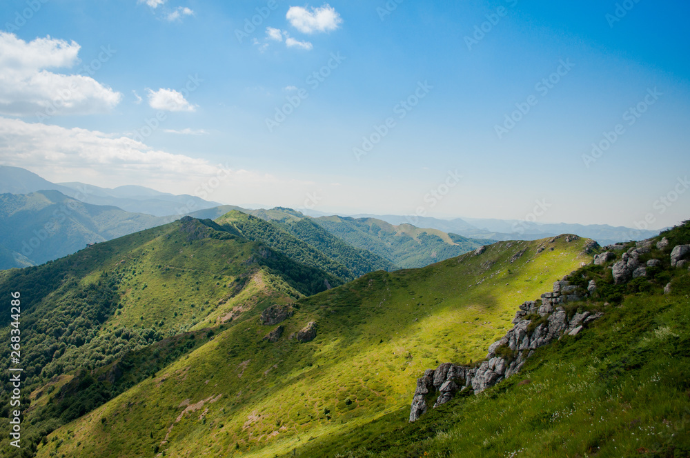 Naklejka premium green mountain fields with blue sky 