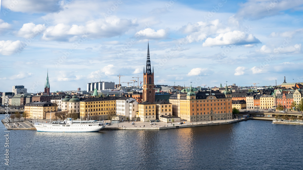 Panoramic view of the old town in Stockholm. Riddarholmen - historical part of the  Old Town in Stockholm. Cityscape of Gamla Stan Stockholm city.
