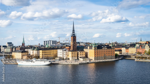 Panoramic view of the old town in Stockholm. Riddarholmen - historical part of the Old Town in Stockholm. Cityscape of Gamla Stan Stockholm city.
