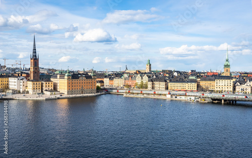 Panoramic view of the old town in Stockholm. Riddarholmen - historical part of the Old Town in Stockholm. Cityscape of Gamla Stan Stockholm city.