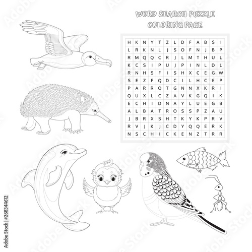 Word search puzzle coloring book page. Vector education game for children about animals. Worksheet for kids printable version. Vector Illustration.