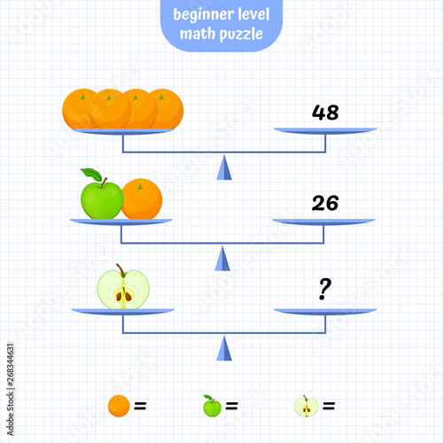 Math, Logic Puzzle Educational Game. Beginner level. System of equations. Scales Mathematical Puzzle. Critical Thinking Skills Game. Vector illustration.