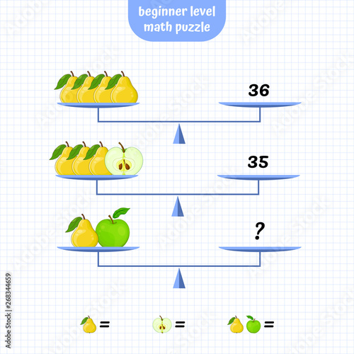 Math, Logic Puzzle Educational Game. Beginner level. System of equations. Scales Mathematical Puzzle. Critical Thinking Skills Game. Vector illustration.