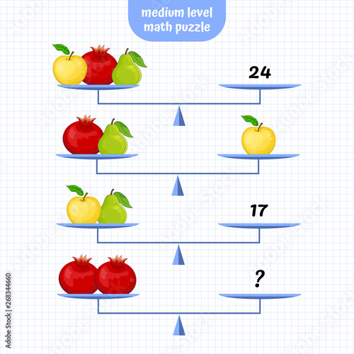 Math, Logic Puzzle Educational Game. Medium level. System of equations. Scales Mathematical Puzzle. Critical Thinking Skills Game. Vector illustration.