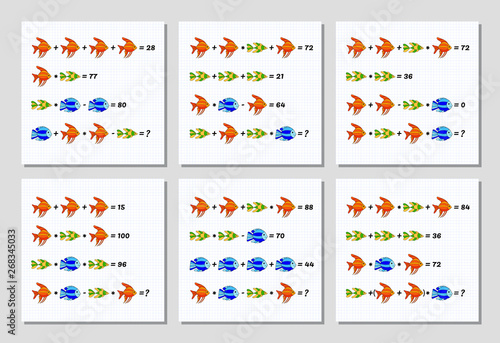 Mathematics educational game set for children. System of equations. Advanced level. Learning multiplication, addition, subtraction, order of operations, equations worksheet for kids. Math Puzzle set.