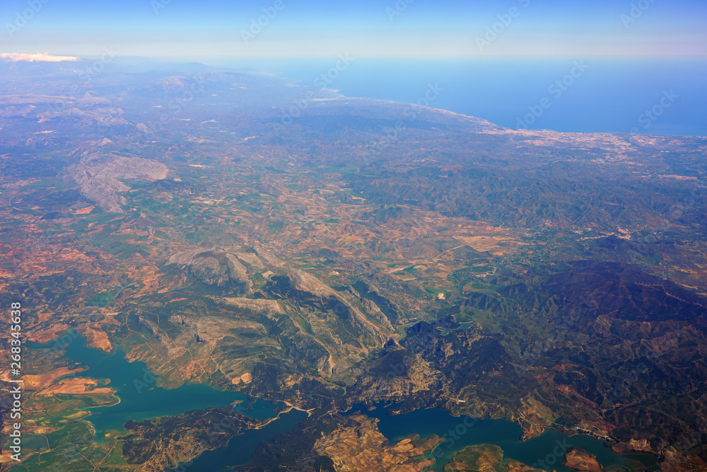Fototapeta premium Aerial view of Malaga and the Alboran Sea, a port city on southern Spain’s Costa del Sol