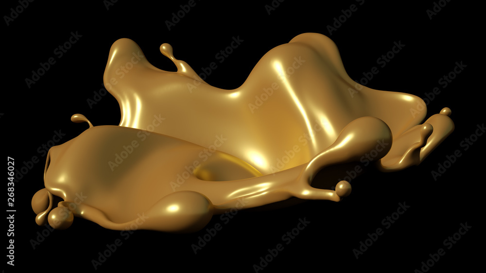 A splash of golden caramel on a black background. 3d illustration, 3d rendering. A splash of golden caramel on a black background. 3d illustration, 3d rendering.