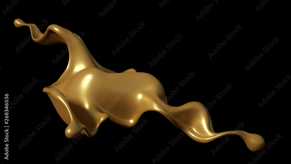 A splash of golden caramel on a black background. 3d illustration, 3d rendering.