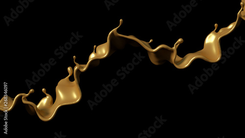 A splash of golden caramel on a black background. 3d illustration, 3d rendering.