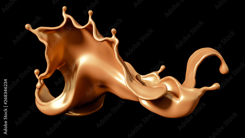 A splash of golden caramel on a black background. 3d illustration, 3d rendering. A splash of golden caramel on a black background. 3d illustration, 3d rendering.