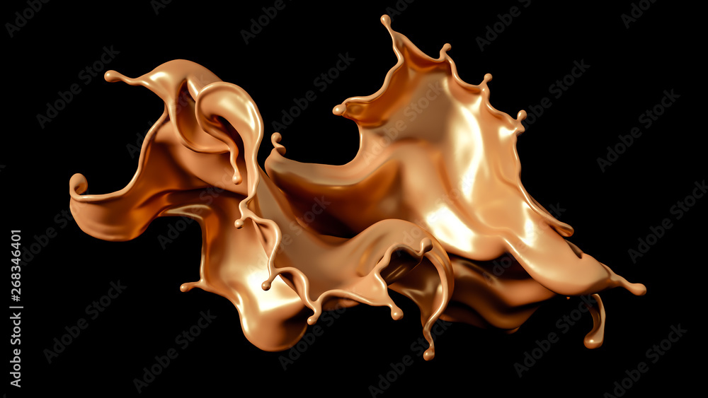 A splash of golden caramel on a black background. 3d illustration, 3d rendering. A splash of golden caramel on a black background. 3d illustration, 3d rendering.