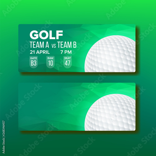 Coupon For Golf Tournament Game Template Vector. White Golf Ball And Information Of Participant Competition, Gate, Raw And Place Design On Green Flyer Invitation. Realistic 3d Illustration