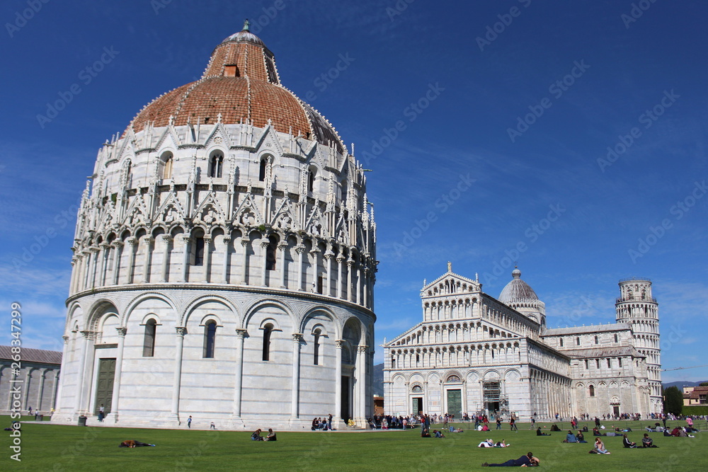 the Piazza dei Miracoli with the Baptistery, the Duomo and the Leaning Tower of Pisa