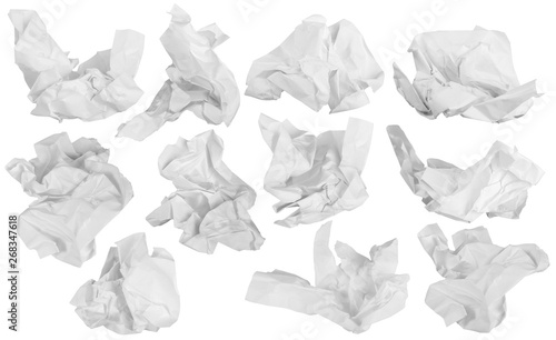 collection of various garbage crumpled paper isolated on white background.