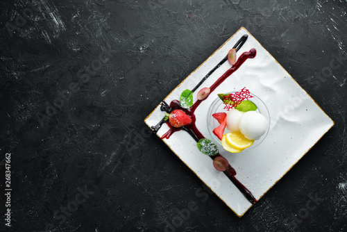 Dessert, Sorbet with strawberries. Top view. Free space for your text.
