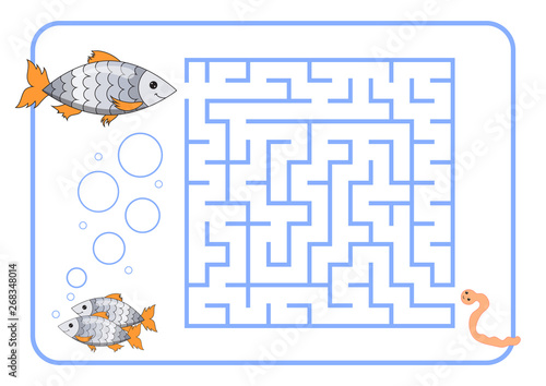 Labyrinth, maze conundrum for kids with cute fish and a worm. Entry and exit. Children puzzle game for development of thinking and mental abilities. Vector illustration.