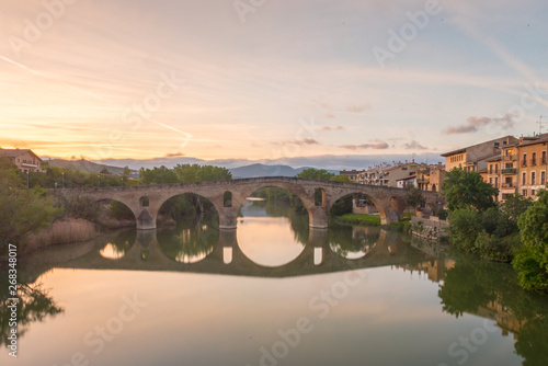 Puente la Reina (Bridge of the Queen) bridge over the Arga river. Navarra, Spain