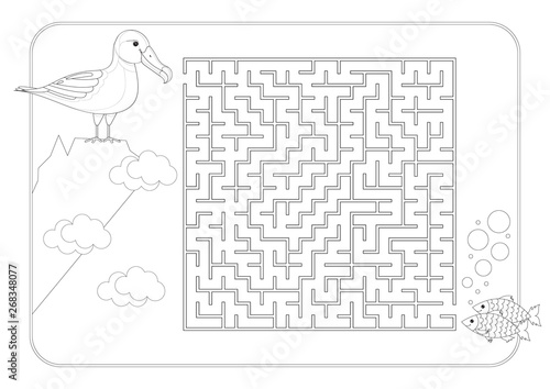 Labyrinth, maze conundrum coloring book page for kids. Advanced level of complexity. Albatross and a fish. Entry and exit. Puzzle game for development of thinking and mental abilities of your child. 