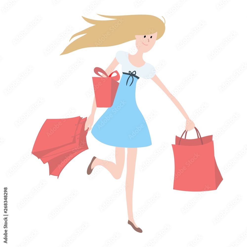 A girl runs with purchases and packages from the store, she is happy and smiling, happy weekend, shopping trip, interesting purchases, color vector illustration, advertising of modern lifestyle