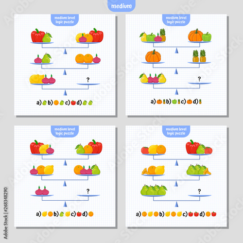 Logic Puzzle Educational Game Set. Medium level. Critical Thinking Skills Game. Vector illustration.