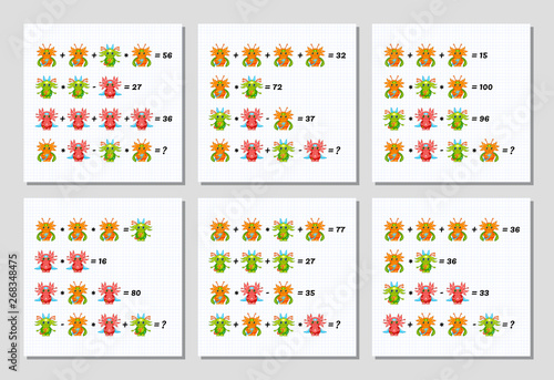 Mathematics educational game set for children. System of equations. Advanced level. Learning multiplication, addition, subtraction, order of operations, equations worksheet for kids. Math Puzzle set.