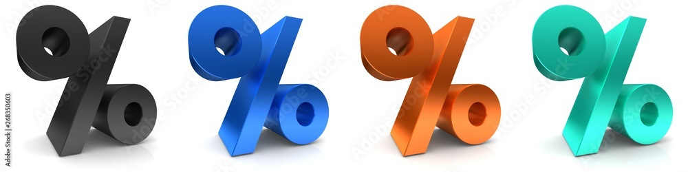 percent sign percentage icon per cent symbol 3d rendering black blue orange turquoise interest rates isolated on white - obrazy, fototapety, plakaty 