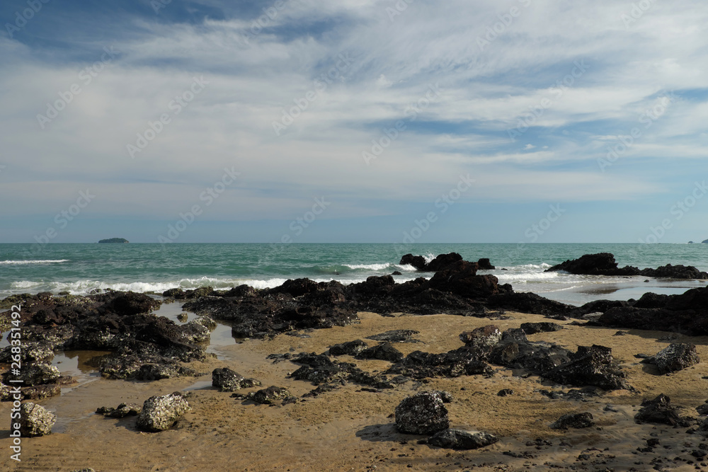 clear blue sky summer beach with trees and rock clear blue sky summer beach with trees and rock