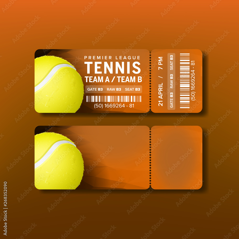 Ticket For Visit Premier League Of Tennis Vector. Orange Flyer With