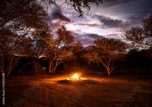 Stunning Sunset and a camp fire at the Erongo Mountains in northern Namibia