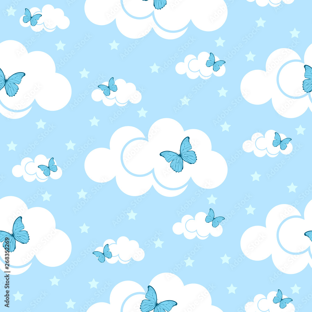 blue sky white clouds with stars and butterflies pattern seamless vector illustration