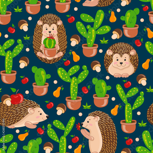 Blue seamless pattern with cute cartoon hedgehogs, apple, pears, mushrooms, cacti, cactus. Vector hedgehog tile background for your design, fabric textile, wallpaper or wrapping paper.