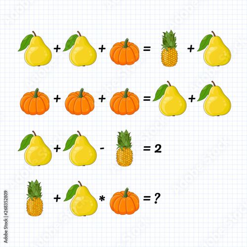 Mathematics educational game for school pupils. Learning multiplication, simple fractions, division, addition, subtraction, equations worksheet for school. Math game puzzle for critical thinking.