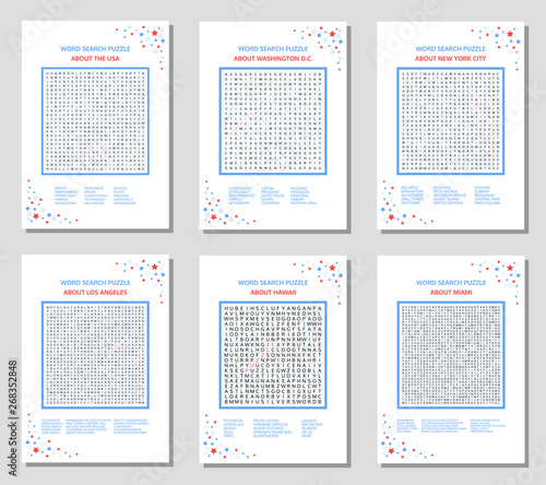 Word search puzzle set. Educational game about the United States of America and Major Cities in the USA: Washington DC, New York, Los Angeles, Miami and State of Hawaii for adults, teenagers and kids.