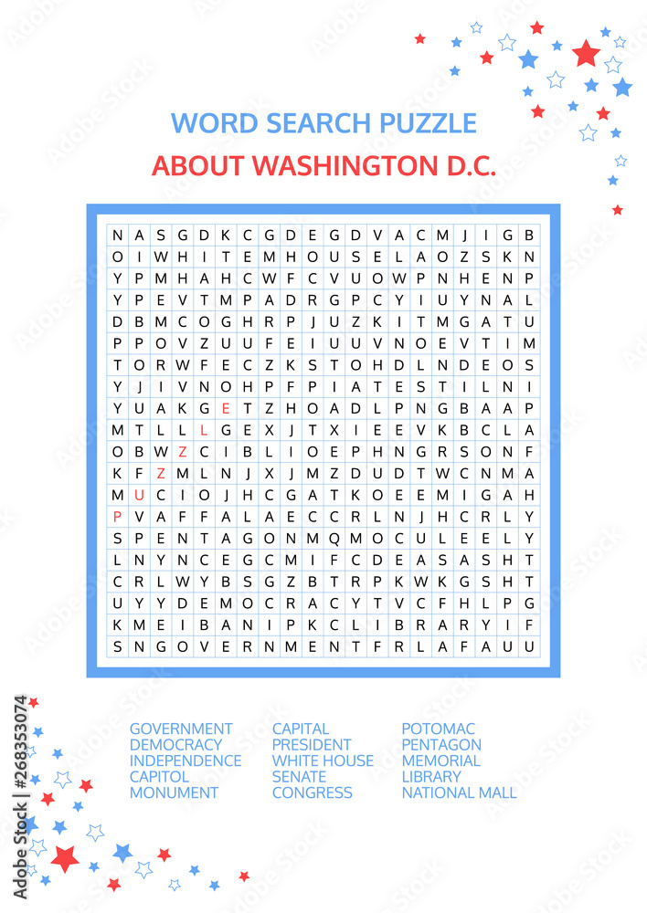 Word Search Puzzle Vector Game About Washington DC Worksheet For 