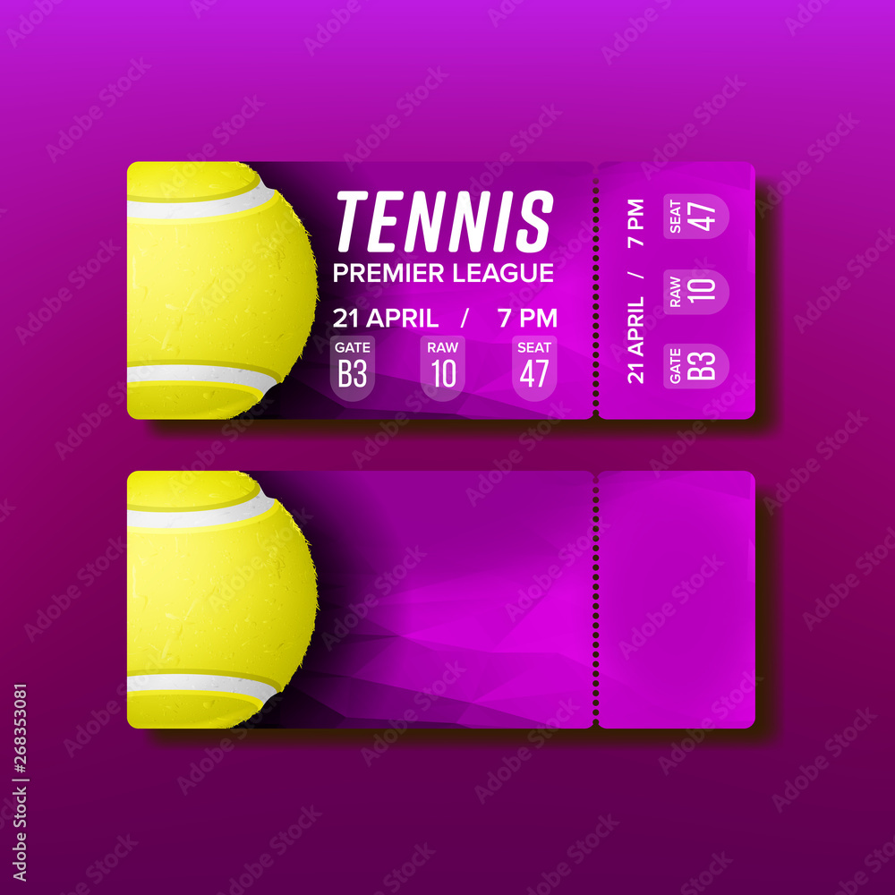 Ticket Tearoff Coupon Visit Tennis Match Vector. Purple Flyer