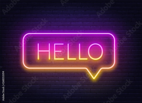Neon gradient sign of word hello in speech bubble frame on dark background. Light banner on the wall background.